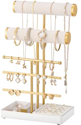 Lolalet Porte Bijoux, Présentoir Bijoux avec Plateau Bague, Range Bracelet Boucles Oreille Collier Elastique Cheveux -Blanc