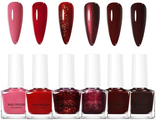 Red Nail Polish Set - 6 Colours Red Nail Varnish Ari Quick Dry - Dark Pink Burgundy Re-d Glitter Nail Polish - High Glossy Water Based Christmas Nail Varnish Gift Set For Women Manicure DIY