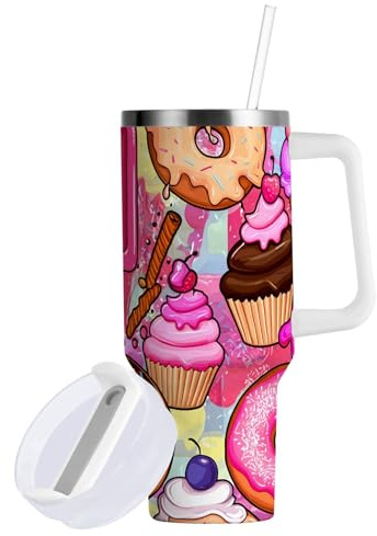 Sevdomey 40 ozCute Ice Cream Tumbler with Handle and Straw Lid for Water Iced Tea or Coffee, Stainless Steel Insulated Leak-Proof Travel Coffee Mug Cup Gifts