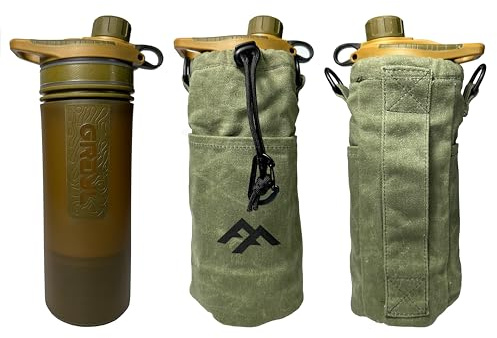 Forest Fundamentals Isolierte Flaschentasche, kompatibel mit Grayl-Wasserfiltern, 907 ml Weithalsflaschen und Nistbechern, handgefertigtes gewachstes Baumwoll-Segeltuch und englische gekochte Wolle