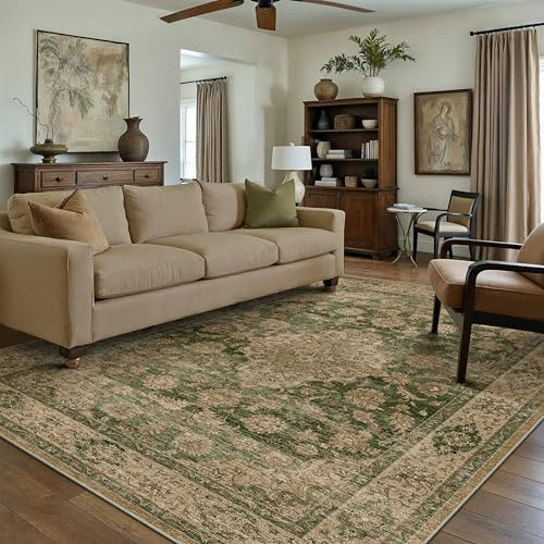 PureCozy Vintage Teppich Wohnzimmer 160x230cm Grün Waschbar Groß Teppiche | Retro Teppich,Waschbar,Rutschfest,Weich Kurzflor,für Schlafzimmer,Esszimmer,Büro Rug