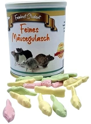 AnyCakes Feines Mäusegulasch der Dose – lustiges Geschenk zu Weihnachten oder Geburtstag für Männer & Frauen Erwachsene – Schaumgummi Mäuse in einer Feinkost Dose – 300g
