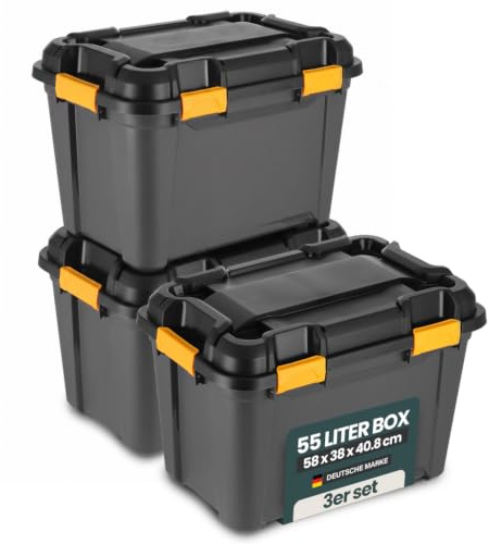 Kreher® Bunker Tough Aufbewahrungsbox 55L - 58 x 38 x 40,8 cm - IP67 wasserdicht & staubdicht, UV-beständig, schlagfest - Ideal für Werkzeug, Garage, Camping, Outdoor & Haushalt - 3 Stück