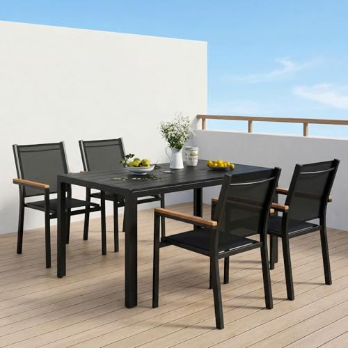 LIFERUN 5-Piece Patio Dining Sets, 110x70x73cm Aluminium Garden Table with Parasol Hole, 4 Stackable Textilene Chairs for Garden Terrace Poolside (Black, Black Table 110x70x73cm)