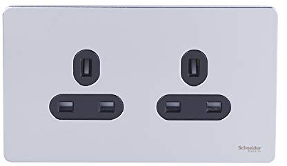 Schneider Electric Ultimate Screwless Flat Plate - Double Unswitched Power Socket, 13A, GU3460BPC, Polished Chrome with Black Insert