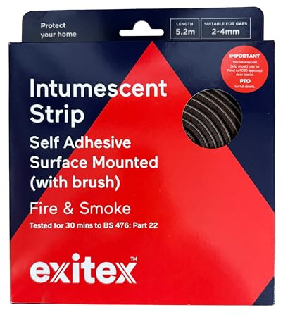 Exitex Intumescent Fire & Smoke Strip with Brush, 5.2m, 25x5mm, (Oak) | 30-min fire & smoke seal, BS 476-22 tested. Fits gaps 2-4mm. Self-adhesive, no routing needed. Covers one internal door.