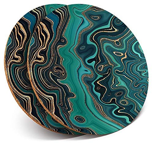 2 x Round Coasters - Teal Aqua Marble Effect Ink Art - Cork Backed Home Kitchen Accessory Tea Coffee Mug Mat #21845