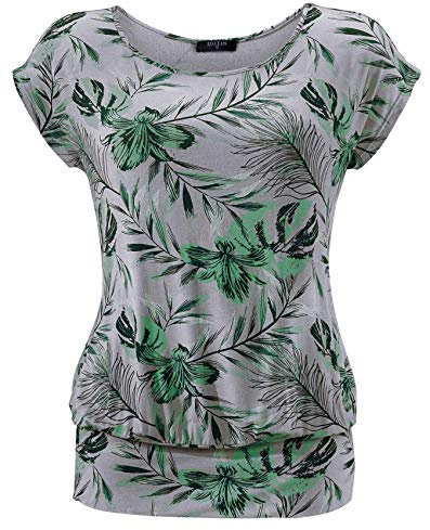 DOTIN Damen T-Shirt Rundhals Kurzarmshirt Allover Durck Stretch Tunika Casual Oberteil Bluse Tops, Grau, S