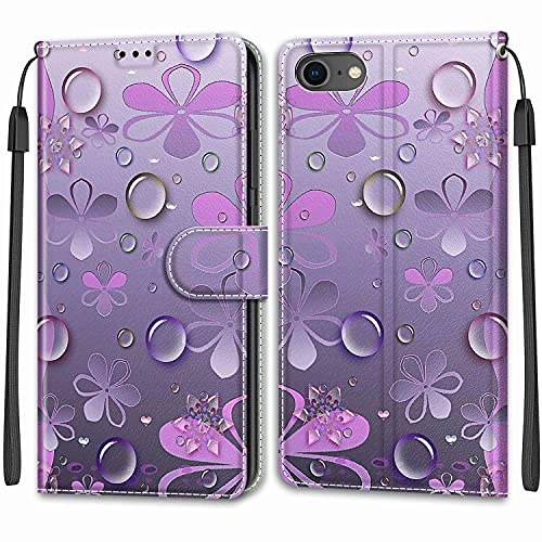 Nadoli Handyhülle für iPhone 6S/6 4.7,Bunt Bemalt [Lila Blumen] Lanyard PU Leder Standfunktion Magnetverschluss Brieftasche Hülle Schutzhülle Etui