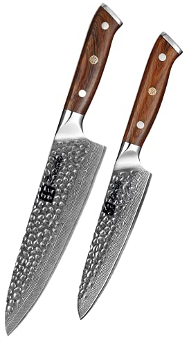 Kensaki 2er Messerset aus Damaszener Stahl Küchenmesser Japanischer Art hergestellt aus 67 Lagen Damaststahl Gehämmert – Tetsu Serie, KEN-152, 2er Set