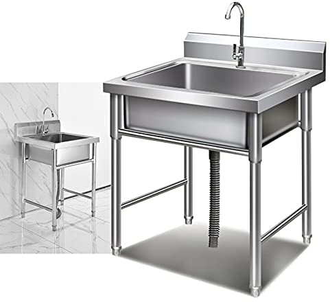 J-DYHGB Outdoor Edelstahl Spüle Standwaschbecken | Mobiles Spülbecken Für Garage Garten Industrie Miniküche | Mit Wasserhahn Armatur | Camping Waschbecken (Size : L70cm W70cm H80cm)