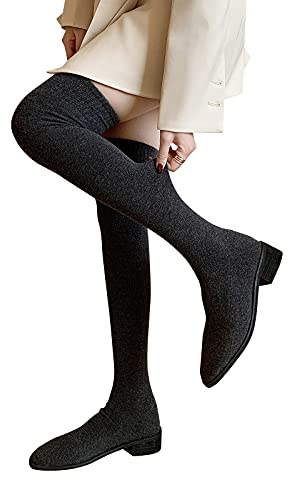 Hotberry Damen High Heels Overknee Stiefel Elastische Langschaft Stiefel Kniestiefel Mode Britischer Stil Lange Stiefel Stretch Slim High Stiefel Sockenstiefel Winter Herbststiefel Damenstiefel