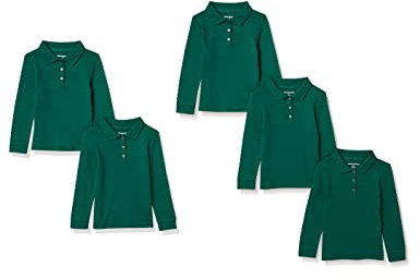 Amazon Essentials Girls' Long-Sleeve Interlock Polo Shirts, Pack of 5, Dark Green, 3 Years