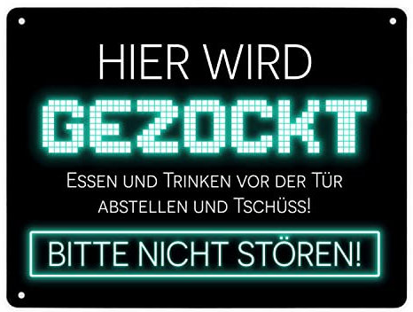 Hier wird gezockt Metallschild XL in 21x28 cm für Gamer in türkis lustige Geschenkidee für Jungen und Mädchen die Computerspiele lieben und am liebsten den ganzen Tag zocken
