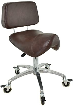 VAKON SALON - Breiter Sattelhocker braun mit Bremse und Lehne, Sattelstuhl für Rückenentlastung, Rollhocker höhenverstellbar von 50-65 cm, Praxishocker, Bürohocker, Arbeitshocker