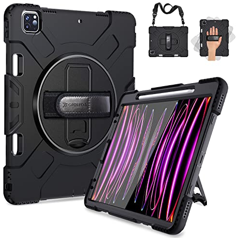 GROLEOA Hülle für iPad Pro 12.9 2022/2021: Stoßfeste Ganzkörper-Schutzhülle aus Silikon Cover für iPad Pro 6th/5th Generation mit Bleistifthalter-Schultergurt-Handschlaufe-drehbarer Ständer-Schwarz