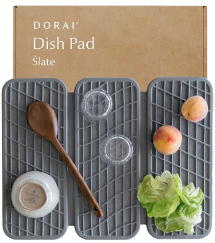 Dorai Home Dish Pad - Collapsable Stone Dish Drying Mat with Diatomaceous Earth for Quick Drying - Ultra Absorbent - Encased in Silicone - Eco-Friendly, Foldable - Original 19.9x15.2, Slate