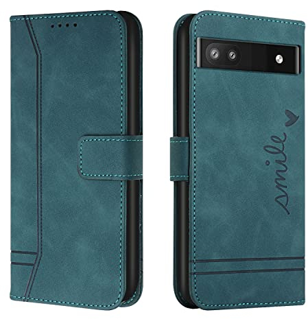 Trugox Handyhülle für Google Pixel 6a 5G Hülle Klappbar Klapphülle Totemblume mit Kartenfach Handytasche Handy Schutzhülle Tasche Leder Wallet Flip Case Book Cover - Blaugrün