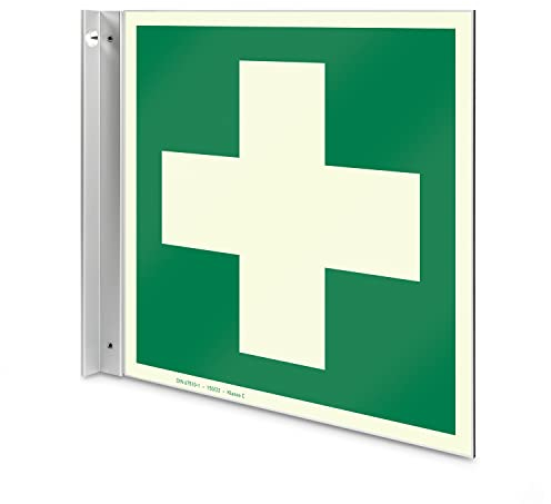 Betriebsausstattung24 Erste Hilfe Fahnenschild - Aluverbundplatte, langnachleuchtend - 20,0 x 21,50 cm - Zur Wandbefestigung