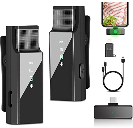 2er Lavalier Mikrofon iPhone/Android/iPad, Plug-Play Lavalier Mikrofon Wireless Ansteckmikrofon Kabellos Mini Mikrofon Handy Microphone mit Rauschunterdrückung, für Podcast, Streaming, YouTube, Vlog
