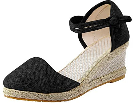 Alueeu Sandalias Mujer Verano 2023 Cuña Comodas Alpargatas Zapatos Casual Hebilla Fiesta Clásica Elegantes con Pala Cerrada Exterior Forrada de Yute Romano Sandalias de Playa, 01 Negro, 37 EU