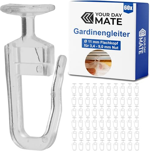 Gardinengleiter für Innenlaufschienen, 60 Stück, mit Ø 11 mm Flachkopf, in Klar, Faltengleiter für Vorhangschiene, Gardinenschiene, Vorhang Gleiter Kräuselband Haken, Gardine Rollen Schienensystem