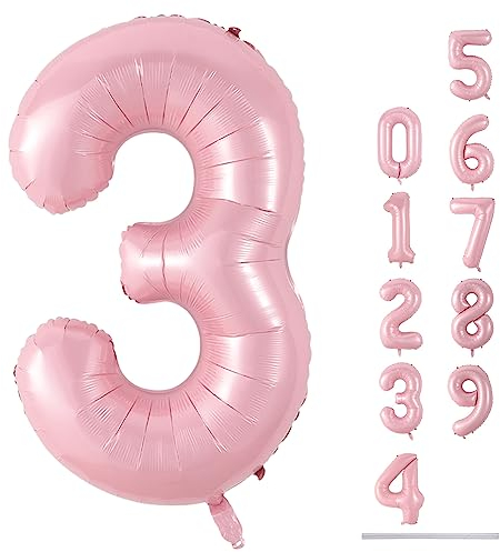 Pastel Pink Number 3 Balloon, 40 Inch Giant Pearl Light Pink Helium Foil Number 0-9 for Girls, Self Inflating 3rd Birthday Balloon for Women Anniversary Baby Shower Princess Party Decorations Supplies