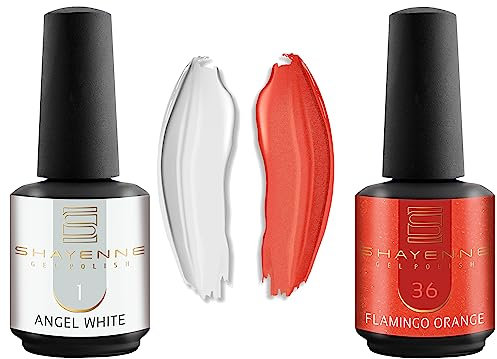 Shayenne 2er Set UV Gel Nagellack 1 Angel White Weiss 15 ml + 36 Flamingo Orange 15 ml UV LED Lampe Farblack Gellack Nagel Lack Nail Polish Nagelgel Shellac (30 ml)