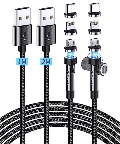 Kuulaa Magnetisches Ladekabel, 3 in 1 Magnetisches Ladekabel, 360°&180°Magnetkabel,3A Schnelllade & Datenübertragungs Ladekabel Magnetisch für Micro USB/Typ C/iProducts/Huawei (1M+2M)