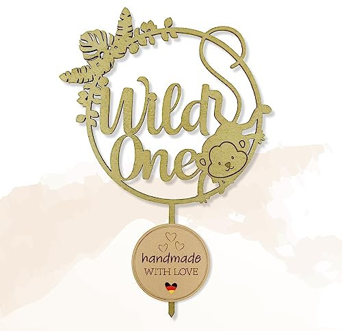 Birdart Box® Wild One Tortenstecker – Tortenstecker zum Geburtstag aus umweltfreundlichem Holz, personalisierter Cake Topper 15cm Durchmesser (mit Namen, Gold)