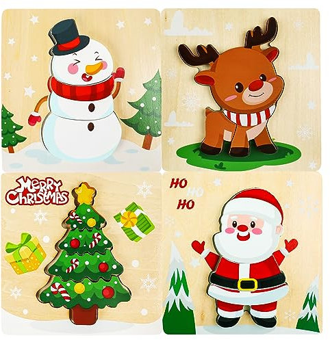 VEYLIN Christmas Wooden Puzzles - 4Pcs Santa Claus, Tree, Deer, Snowman Jigsaw Puzzles for Kids and Toddlers Development
