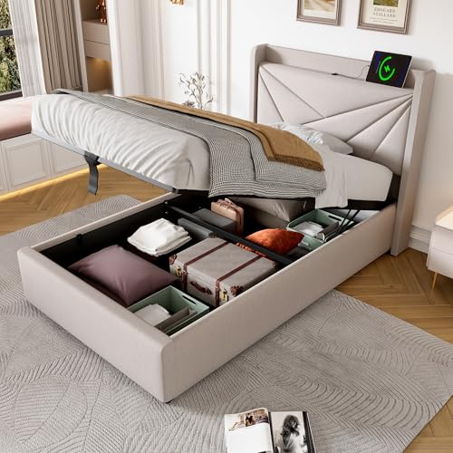 KUAKE Polsterbett Doppelbett Stauraum90x200,Bettkasten mit USB Typ C Ladefunktion Kopfteil,Stauraumbetten Bettgestell aus Leinenmaterial Jugendbett mit lattenrost (90x200cm, weiß)