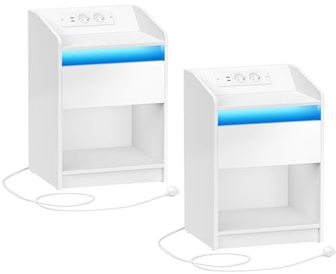 Hzuaneri Nachttisch, mit LED-Licht - Beistelltisch mit Ladestation, 1 Aufbewahrungsschublade Nachttisch für Schlafzimmer, Wohnzimmer, 2 USB-Anschlüsse, 2 Steckdosen, 2er Set, Weiß NS09003X
