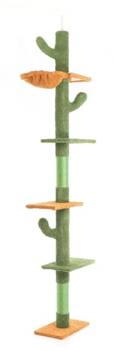 Fudajo Kratzbaum deckenhoch 229–275 cm in Grün, Katzenkratzbaum mit 4 Ebenen, Katzenbaum Deckenspanner höhenverstellbar, Katzenmöbel mit Sisal