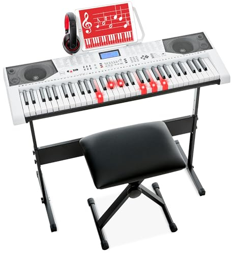 Best Choice Products 61-Key Beginners Complete Electronic Keyboard Piano Set w/Lighted Keys, LCD Screen, Headphones, Stand, Bench, Teaching Modes, Note Stickers, Built-In Speakers - White
