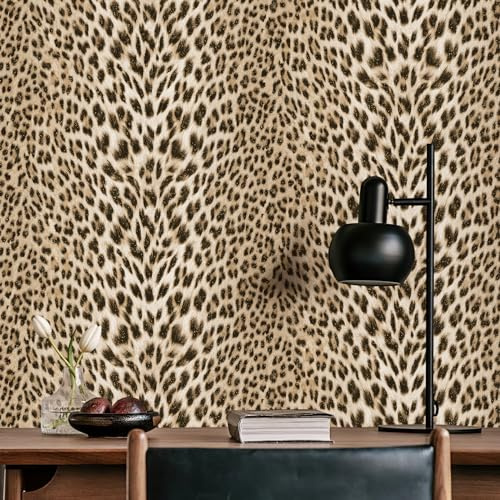 HueBurst Leopard Wallpaper 17.3x236.2 3D Embossed Traditional Wallpaper | Realistic Cheetah Print Wallpaper Mural with Glitter for Bathroom Bedroom Living Room Home Decoration