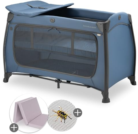 hauck Baby Reisebett Play N Relax Center Set mit Komfort Matratze und Insektenschutz - Babyreisebett mit Neugeborenen Einsatz, Wickelauflage und Tasche (höhenverstellbar & faltbar) - Dark Blue