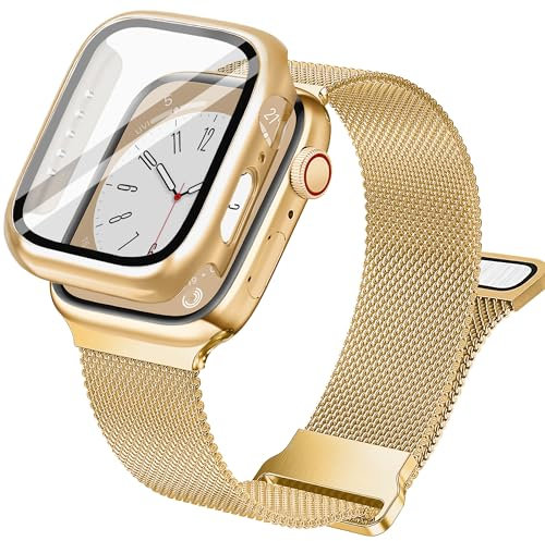 Vamyzji Compatible with Gold Apple Watch Strap 44mm Protective Case, Screen Protector, Adjustable Magnetic Milanese Mesh Metal iWatch Strap for Apple Watch SE Series 6 5 4
