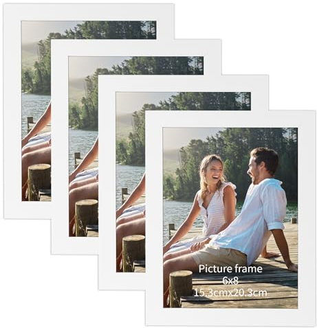 EXYGLO 4er Set Bilderrahmen 15x20 cm - Weiß Fotorahmen für 20x15 cm Fotos und Bilder, Klassische Rahmen für Wohnzimmer Schlafzimmer Kinderzimmer Büro Treppenhaus Flur