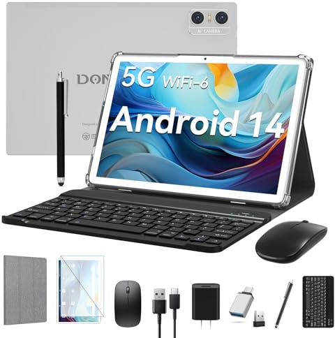 Tableta Android 14 2025, tableta de 10 pulgadas (4+4) GB RAM 64GB ROM 1TB Expand, tabletas 2 en 1 con teclado, funda, lápiz óptico, tableta Octa-Core, WiFi 6, Bluetooth, cámara dual de 13 MP + 5 MP