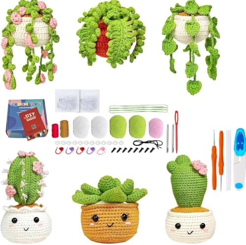 CEWROM Häkelset für Anfänger, Kaktus Häkeln Starter Kit, Häkelnadel Set, Baumwolle zum häkeln, mit Häkelnadeln, Garn, Füllung, Handnähnadel, Stichmarkern, Anleitung, DIY Handwerkskunst für Erwachsene