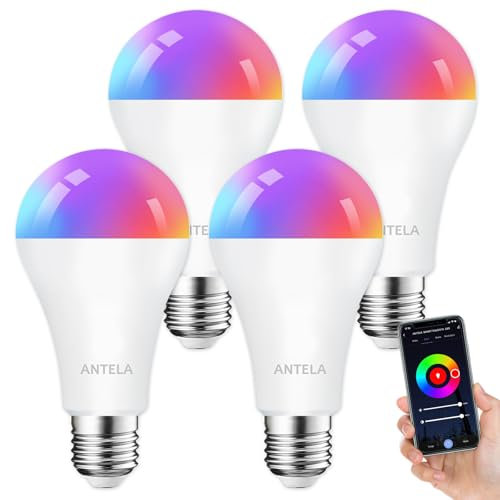 ANTELA Lampadine LED Alexa Inteligente WiFi E27 12W 1350LM, Dimmerabile Lampadina Smart, 94W equivalente, RGB & 2700K-6500K bianco freddo caldo, compatibile con Alexa/Google Home, 4 pezzi