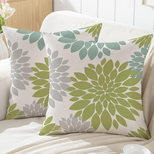 ViaElayu Outdoor Kissenbezug 45x45 Frühling Grün Blumen Kissenhüllen Zierkissenbezug Dahlien Wetterfest Dekokissen Kissen Couchkissen Sommer Kissenbezüge Wohnzimmer Garten Sofa Deko 2er Set