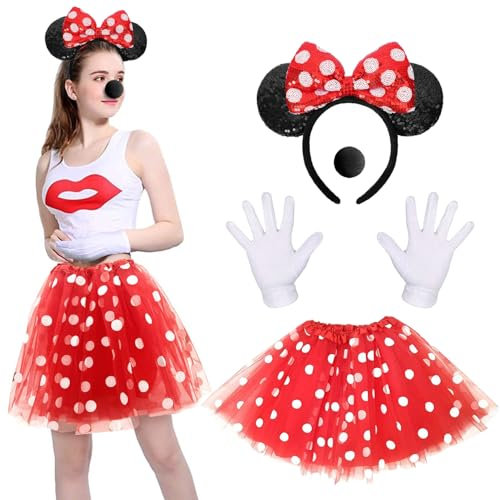 ZKFSIE Mouse Costume, Red Tutu with White Polka Dots, Headband with Mouse Ears, Gloves, Nose, Cosplay Costumes for Minnie Mouse for Women