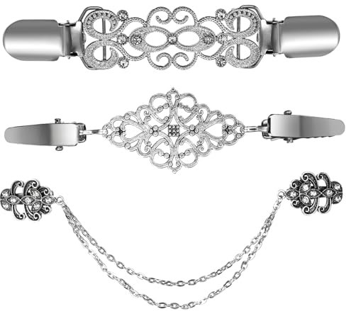 Lnngub 3 Stück Cardigan Clips, 3 Stile Schal-Schnalle aus Zinklegierung Vintage Pullover Clips Kleider Clips Blusen Clips Broschen für Kleidung Silberne Strickjacke Clips für Damen und Mädchen