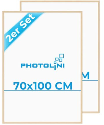 PHOTOLINI Bilderrahmen 70x100 Natur, 2 große Bilderrahmen 70x100 Holz MDF, Poster Rahmen 100x70 XXL mit bruchsicherem Acrylglas zum Aufhängen & Zubehör - Picture Frame für Poster, Fotos & Puzzle
