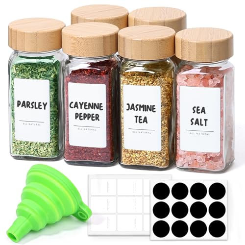 ComSaf 6Pcs 4oz/120ml Glass Spice Jars with Bamboo Lids, 21 Labels, Seasoning Jars Trial Set & Supplement Set, Empty Spice Containers and Square Spice Bottles for Kitchen and Seasoning