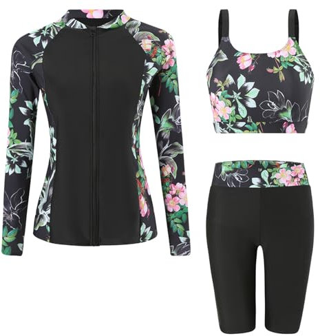 Ausing Femmes Ensemble Maillot de Bain Protection Solaire 3 Pièces Rashguard Manches Longues et Short Surf Plage L