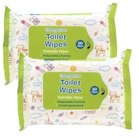 Whoopie Doo Toilet Wipe's Flushable and Biodegradable, Wipes, Dermatologically Tested (2 Packs (120 Wipes))