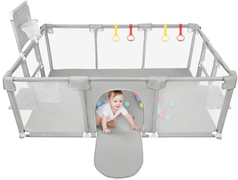 Laufstall für Babys, Laufgitter für Kleinkinder, Barriere für Laufgitter, Babygitter (ohne Ecke) + 50 Kugeln + 4 Saugnäpfe, 126 x 126 x 66 cm, hellgrau